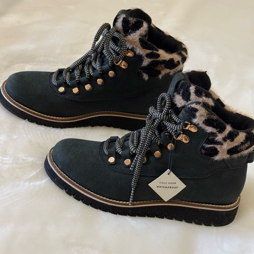 🆕 Cole Haan waterproof Women's Black and Leopard Print Boots - Picture 6 of 6